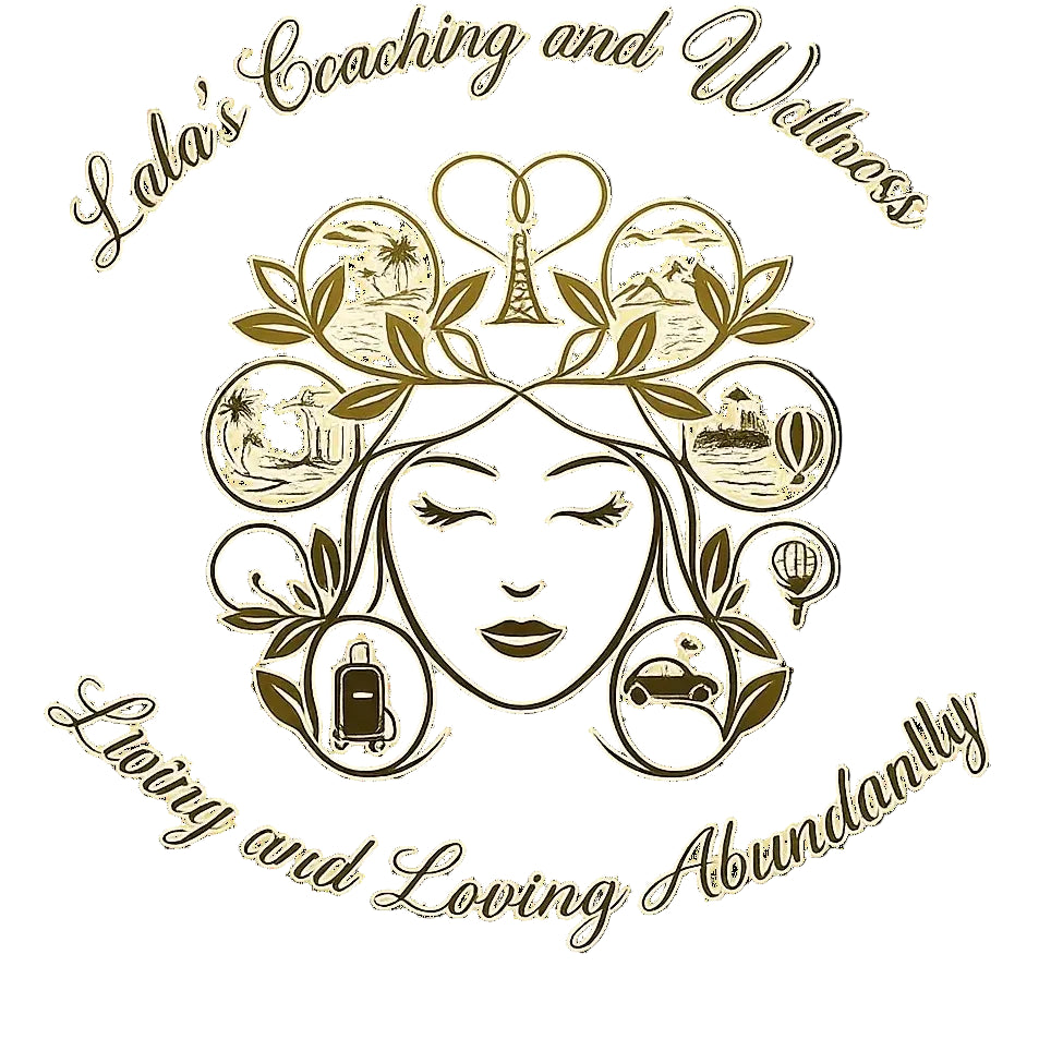 Logo for Lala's Coaching and Wellness with a stylized face and nature elements on a white background.